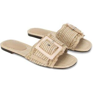 Women's Natural Buckle Straw Flats Woven Braided Rattan Slides Summer Sandals